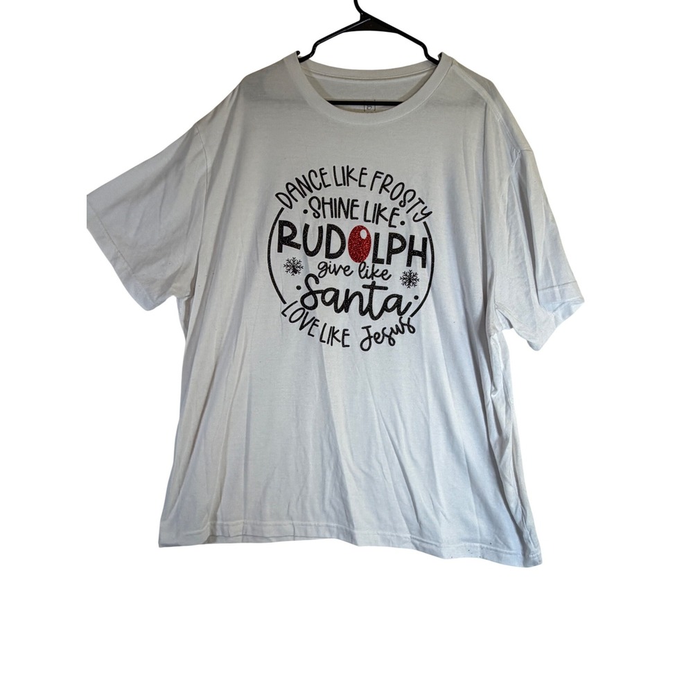 George Womens Christmas Graphic Tee White 3XL Rudolph Santa Jesus Glitter Shirt